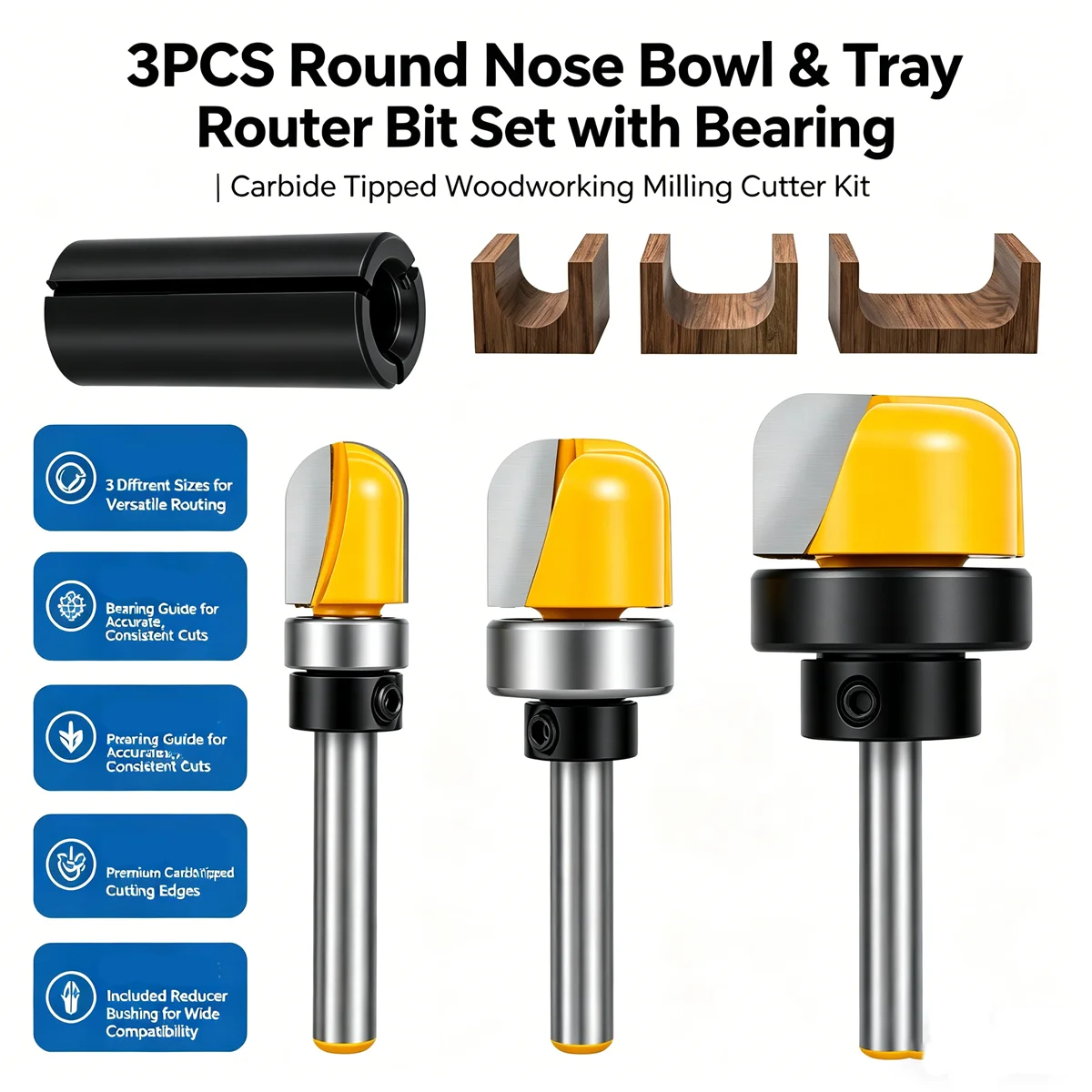 

3Pcs 1/4 Inch Shank Bowl and Tray Template Router Bit Set 1/2 3/4 1-1/8 Inch Carbide Milling Cutter Woodworking Tool Jewelry Box