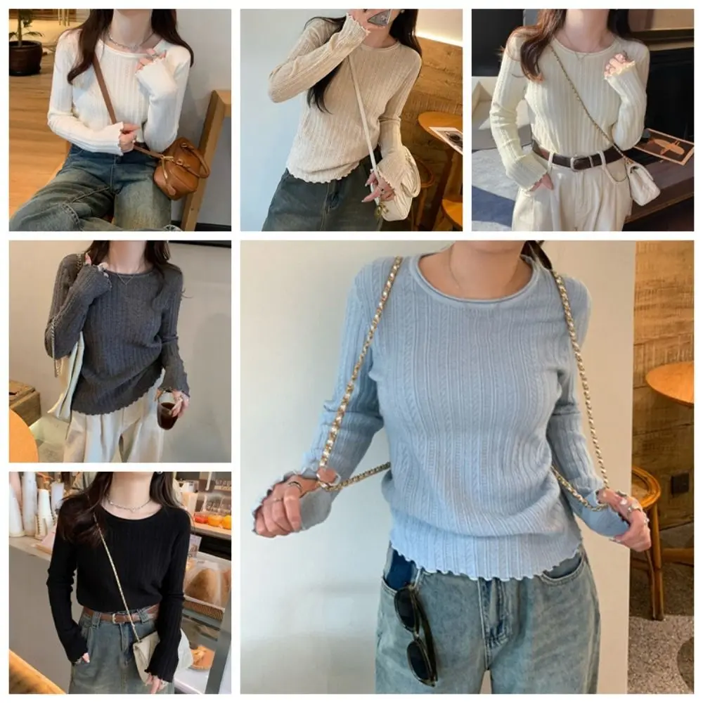 Gegolfde rand Gebreide kleding met lange mouwen Slim Fit Pullover Sweater Top Dieptepunt Shirt Lente Herfst Winter Gebreide top voor dames