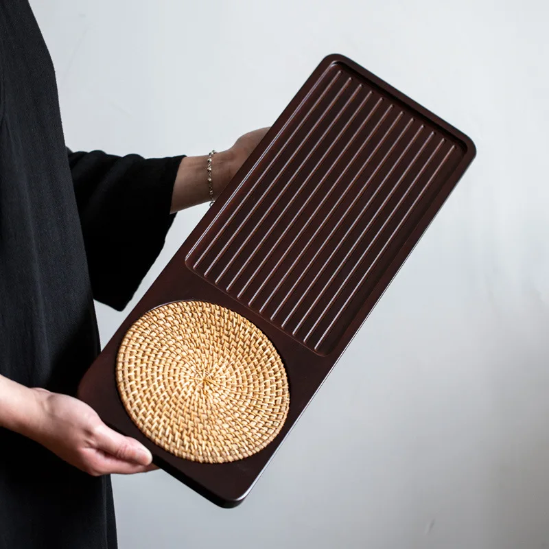 Teetablett aus massivem Bambusholz, tragbare Rattanmatte, rechteckig, Serviertisch, Teller, Aufbewahrungsschale für Hotel, Teeteller, Zubehör, Untertasse