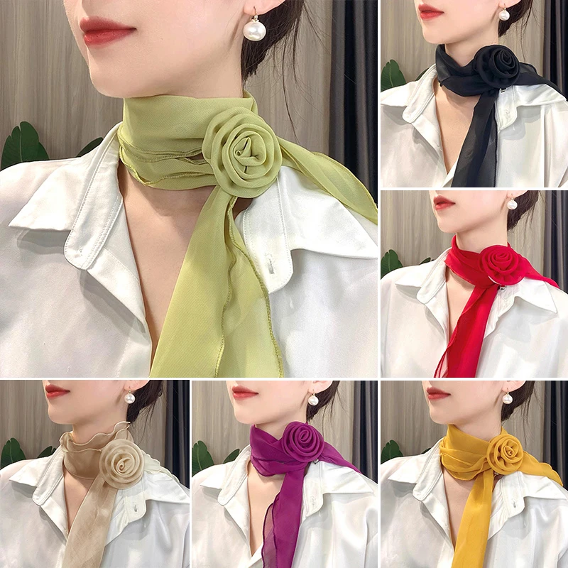 Satin Chiffon Scarf For Women Rose Flower Silk Scarf Neckerchief Decor Solid Color Detachable Sunscreen Hijabs Head Neck Shawls