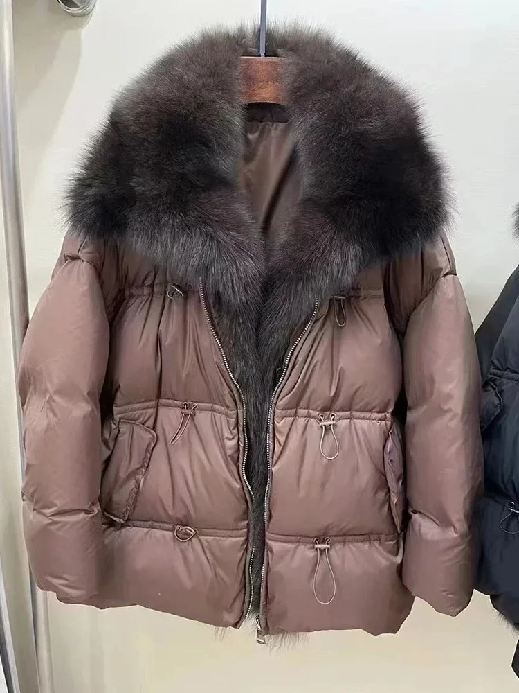 OFTBUY Piumino corto da donna Piumino invernale in vera pelliccia di volpe naturale con collo in piumino d'anatra bianco da donna addensato caldo sciolto