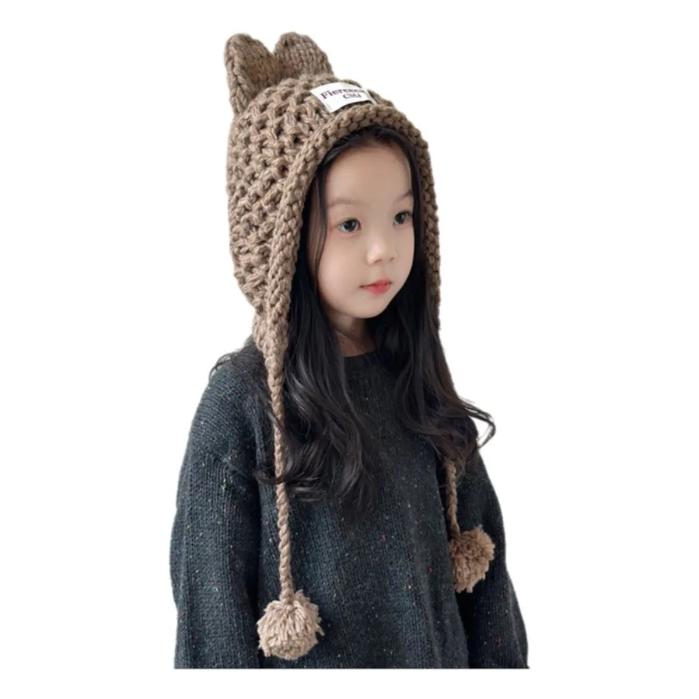 Fashion Solid Color Knitted Hat Rabbit Ear Soft Warm Winter Cap Windproof Cold Proof Ear Protection Hat Outdoor Winter
