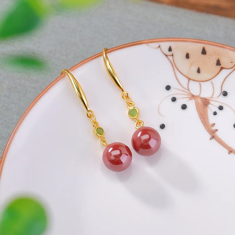 

TIMESWIND Temperament S925 Silver Cinnabar Red Round Bead Women Earrings with Certificate