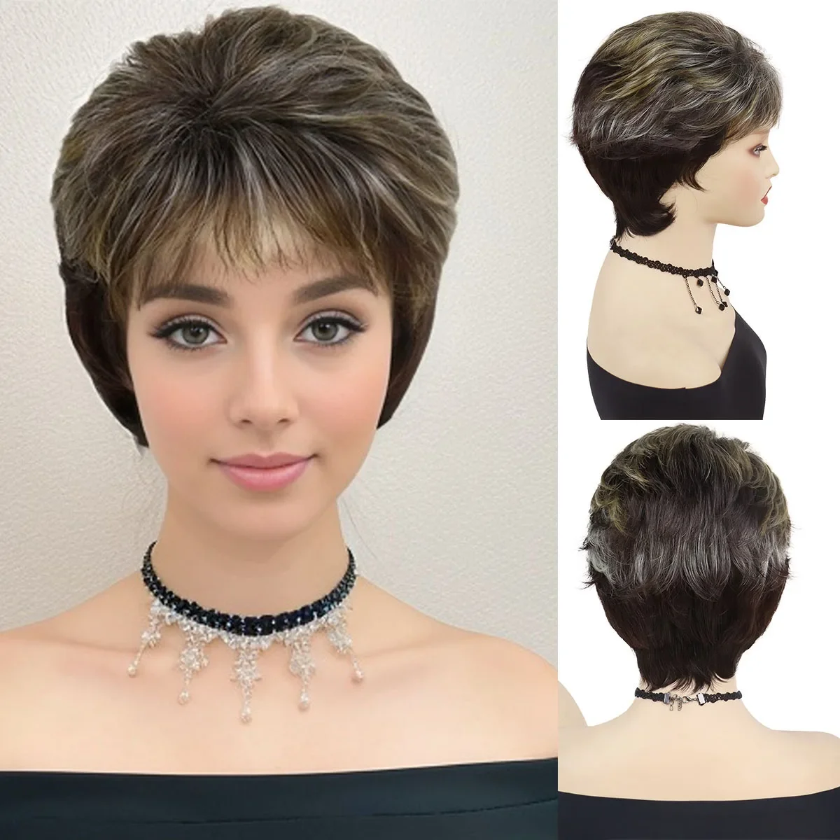 

Synthetic Hair Short Wig with Bangs Mommy Wig Mix Brown Highlights Natural Wigs for Daily Use Chemo Cancer Patients Gifts Wigs