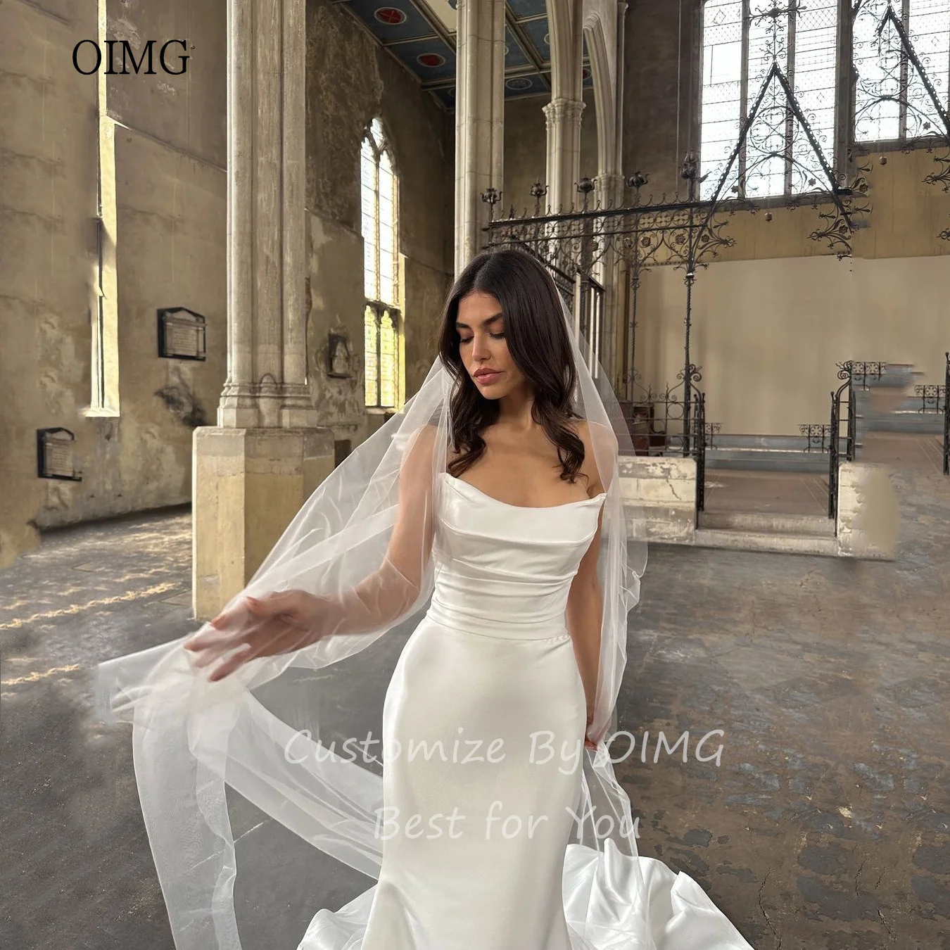 OIMG Simple Ivory Mermaid Wedding Dress Strapless Bride Dresses Stain With Big Tail Wedding Gowns vestidos de novia Customized