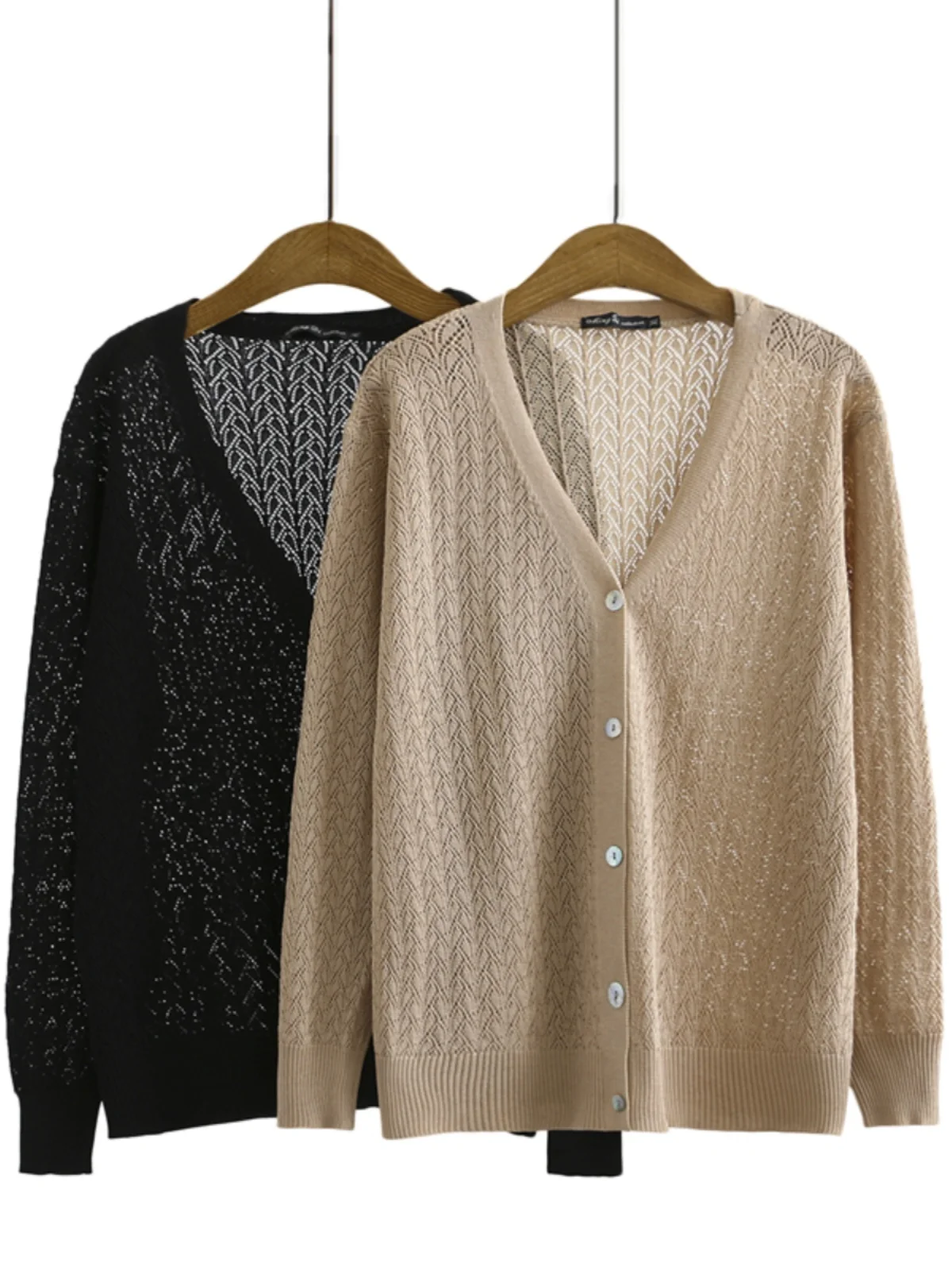 Spring Summer Korean Style plus Size Ladies Knitted V-Neck Hollow out Air Conditioning Open Cardigan Long Sleeve Loose Fit