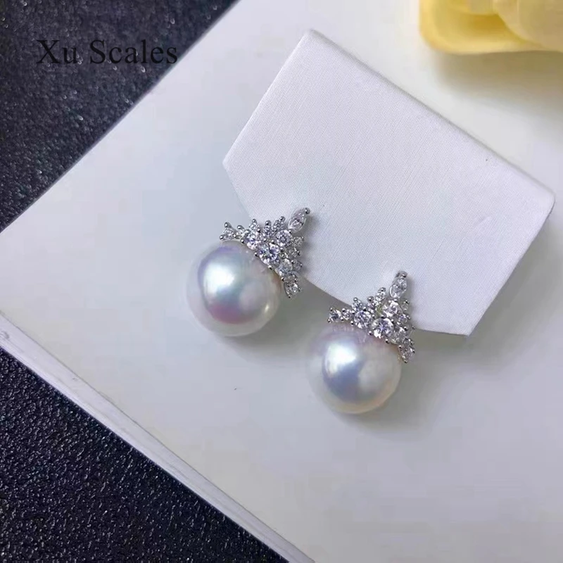 Natural Fresh Water Bright White Pearl Earrings Ice Queen Zircon Aurora Edison Large S925 Sterling Silver Fashion Generous