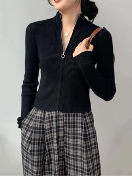 Women's Zip-Up Knit Cardigan Sweater 4 Spring Autumn Zipper Cardigan Women Sweaters Knitted Long Sleeve Stand-up Collar Tops Korean Fashion Short Sweater for Female 4