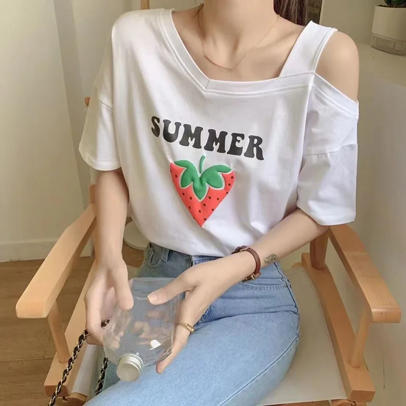 

New 2022 Summer Short Sleeved Women's T-Shirt Fashion Stuents V-Neck strawberry Printed Tops Camisetas Blusas