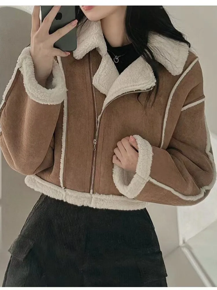 Korean Style Short Suede Lamb Fur Jacket Zipper Collar Contrast Color Biking Style Autumn Winter Coat for Women Regular Fit
