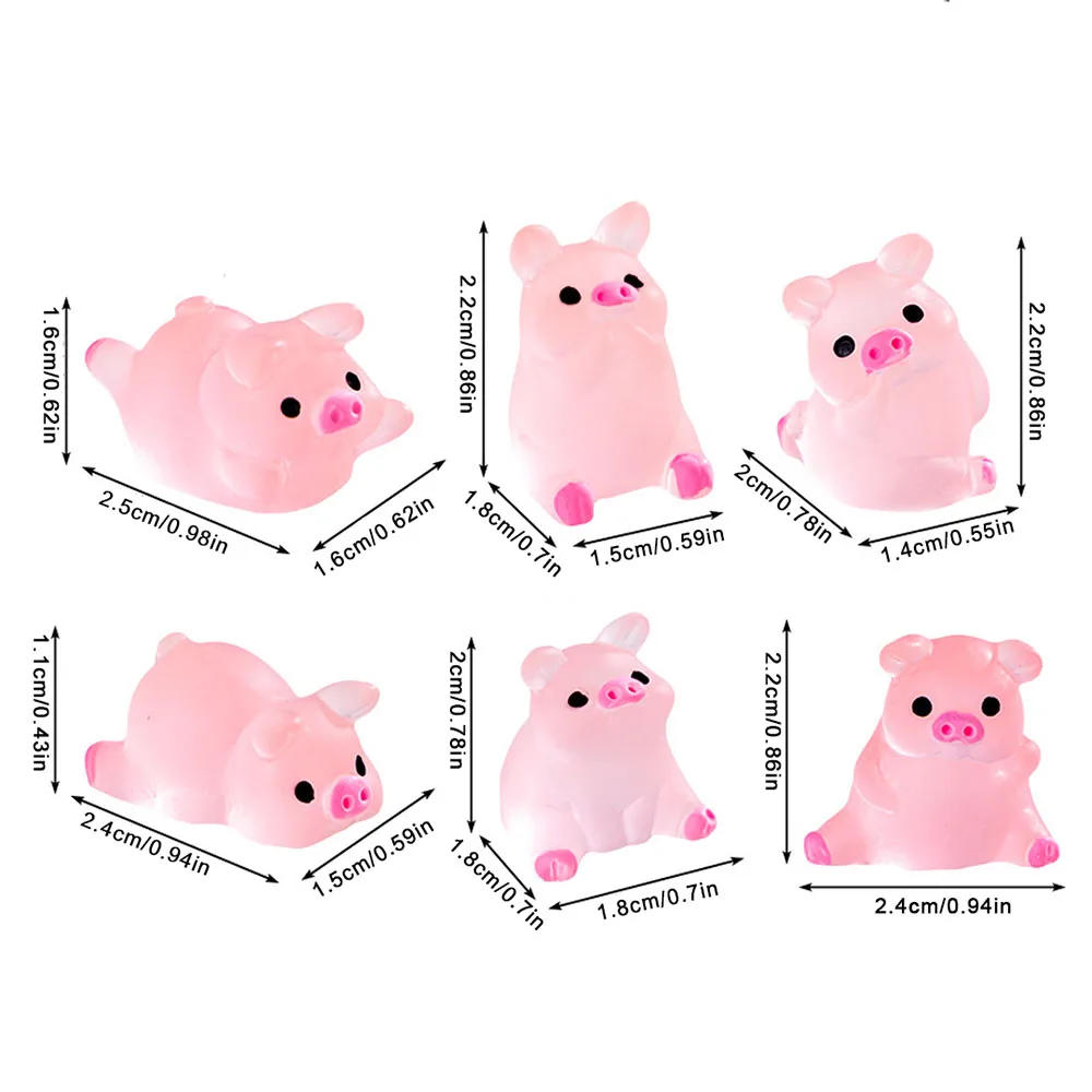 6 Pcs/Set Resin Cute Glow in The Dark Piggy Ornament DIY Keychain Micro-Landscaping Accessories Home Desktop Car Decoration