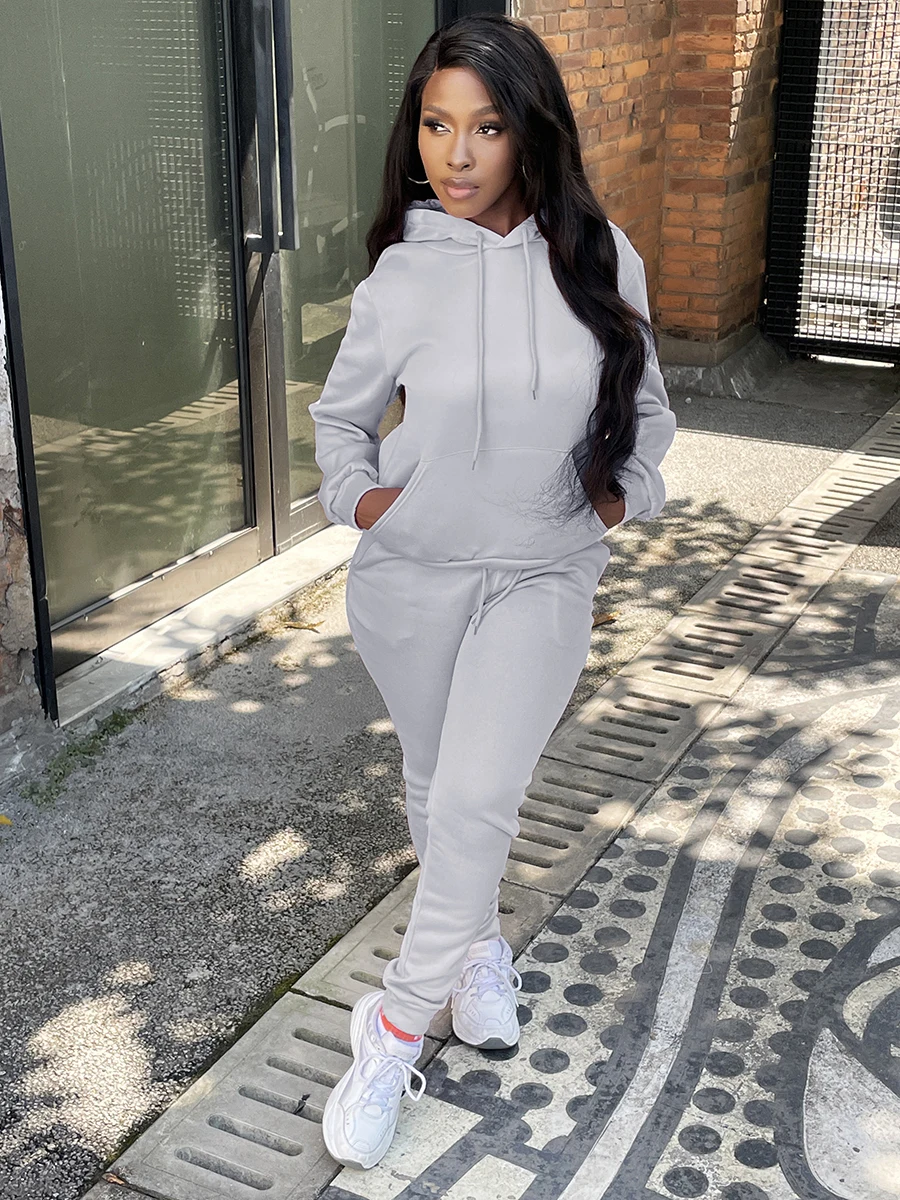 LW Autumn Two Piece Women Workout Suits Hooded Kangaroo Pocket Drawstring Tracksuit Set Sporty Hoodie+Leggings Matching Outfits