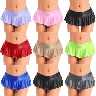 

Womens Glossy Ruffled Skirt Sexy Low Rise Miniskirt Pool Party Low Tail Pleated Bikini Bottoms Cover Ups Pole Dance Clubwear