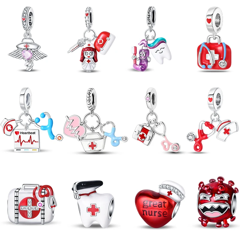 

100% 925 Sterling Silver Red Heart Shaped Nurse Medicine Box Stethoscope Charms Beads Fit Qikaola Original Bracelets DIY Jewelry