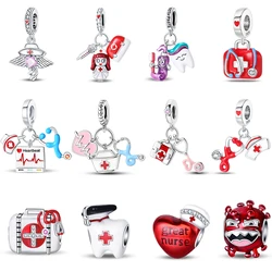 100% 925 Sterling Silver Red Heart Shaped Nurse Medicine Box Stethoscope Charms Beads Fit Qikaola Original Bracelets DIY Jewelry