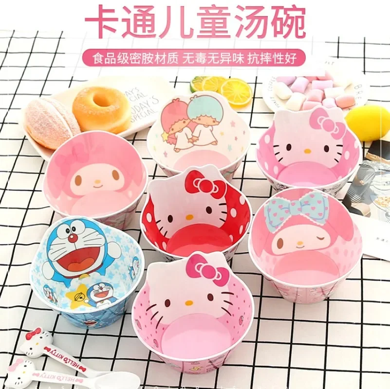 Doce minha melodia Anime Food Bowl, Bonito Hello Kitty Tigela de sopa criativa, Talheres Brinquedos, Kawaii Sanrio Ins Baby Presentes