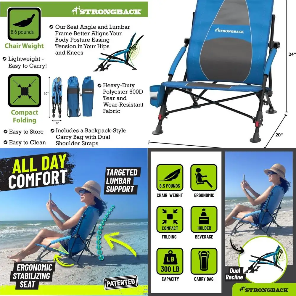 

Portable Low Gravity Reclining Beach Chair with Lumbar Support, Durable and Ideal for Travel