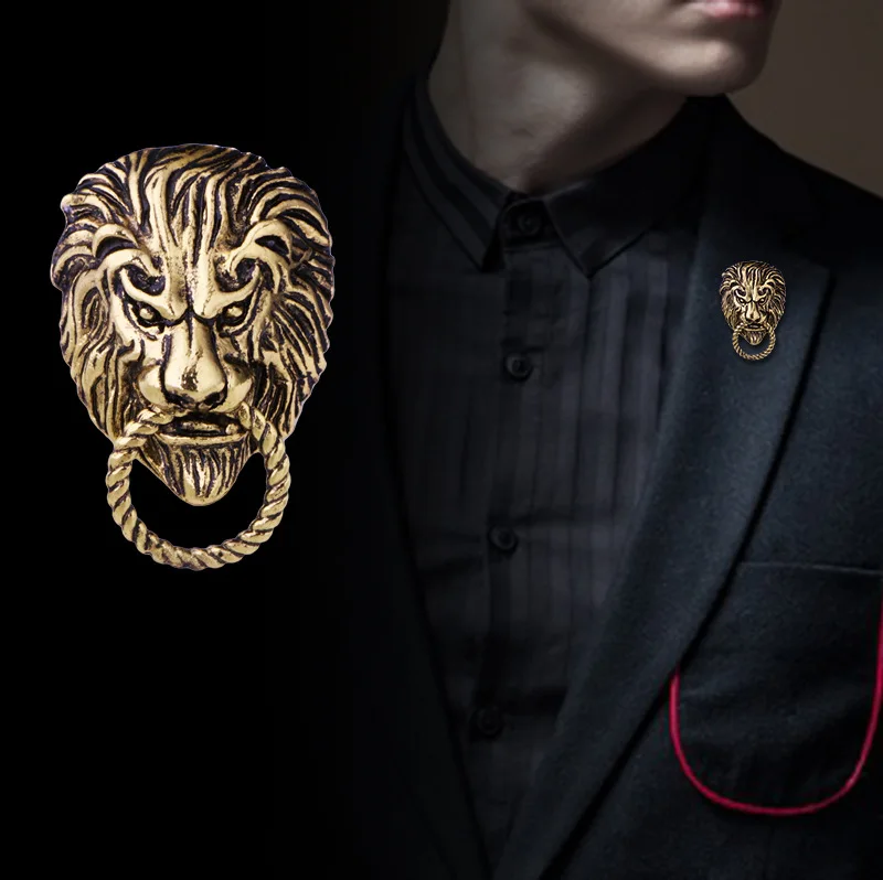 Lion Head Brooch Fashion Men's Suit Shirt Collar Pin Needle Badge Lapel Pins and Brooches Jewelry Accessories New Retro Animal