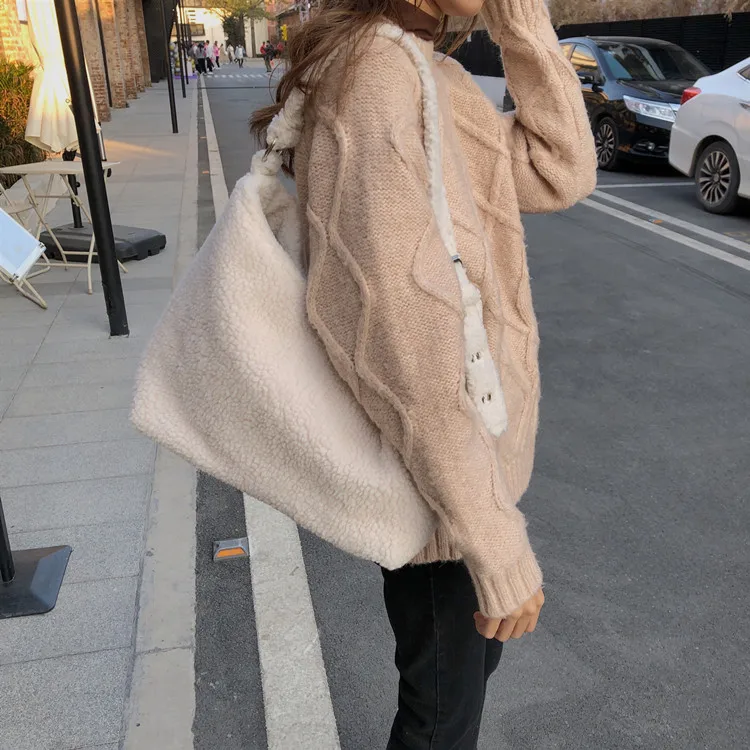 Solid Color Soft Fluffy Plush Women Messenger Bags Winter Lamb Faux Fur Ladies Shoulder Bag Large Capacity Female Casual Tote