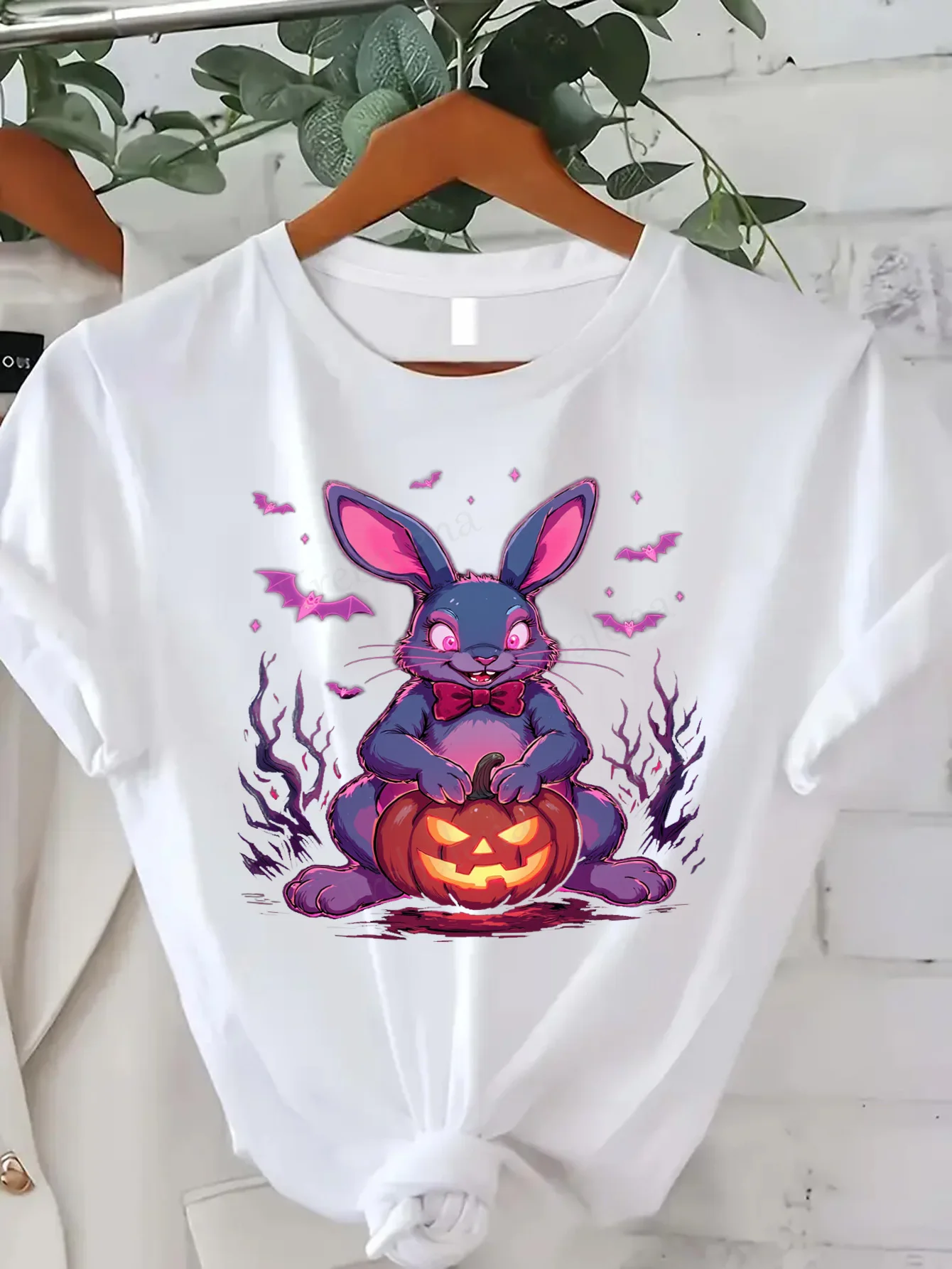 حجم كبير جولة الرقبة تي شيرت هالوين الأرنب اليقطين تي شيرت المرأة زائد حجم لطيف تصميم مخيف