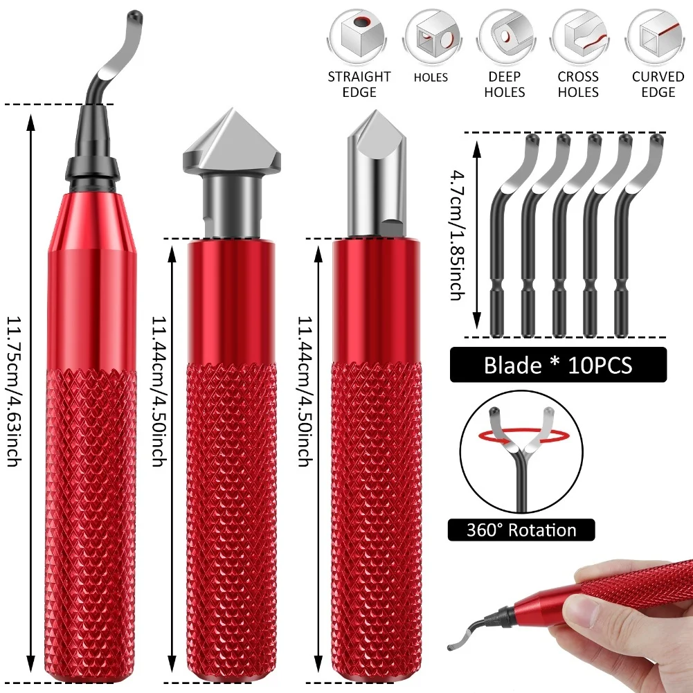Ergonomic Deburring Tool Kit with 2 Countersink Hand Reamers and 10 HSS Blades for Precise Burr Removal on Various Materials