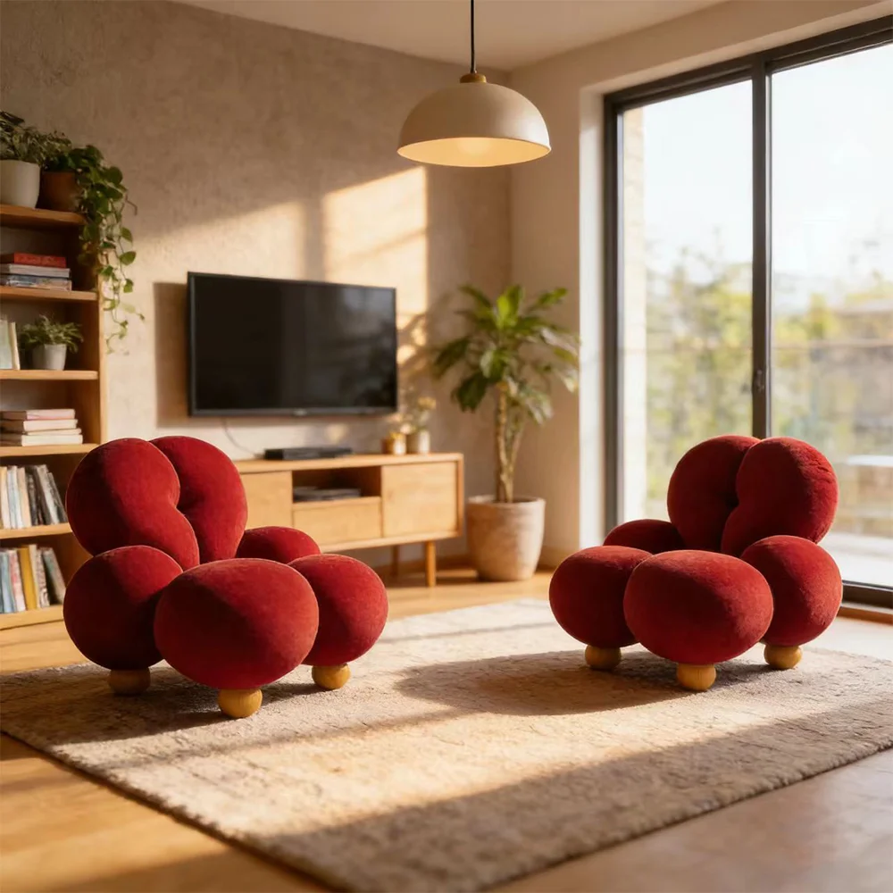 klCreative Red Sphere Velvet Accent Chair Unique Round Puffy Single Sofa Designer Art Seating Piece for Villa Hotel Lobby！