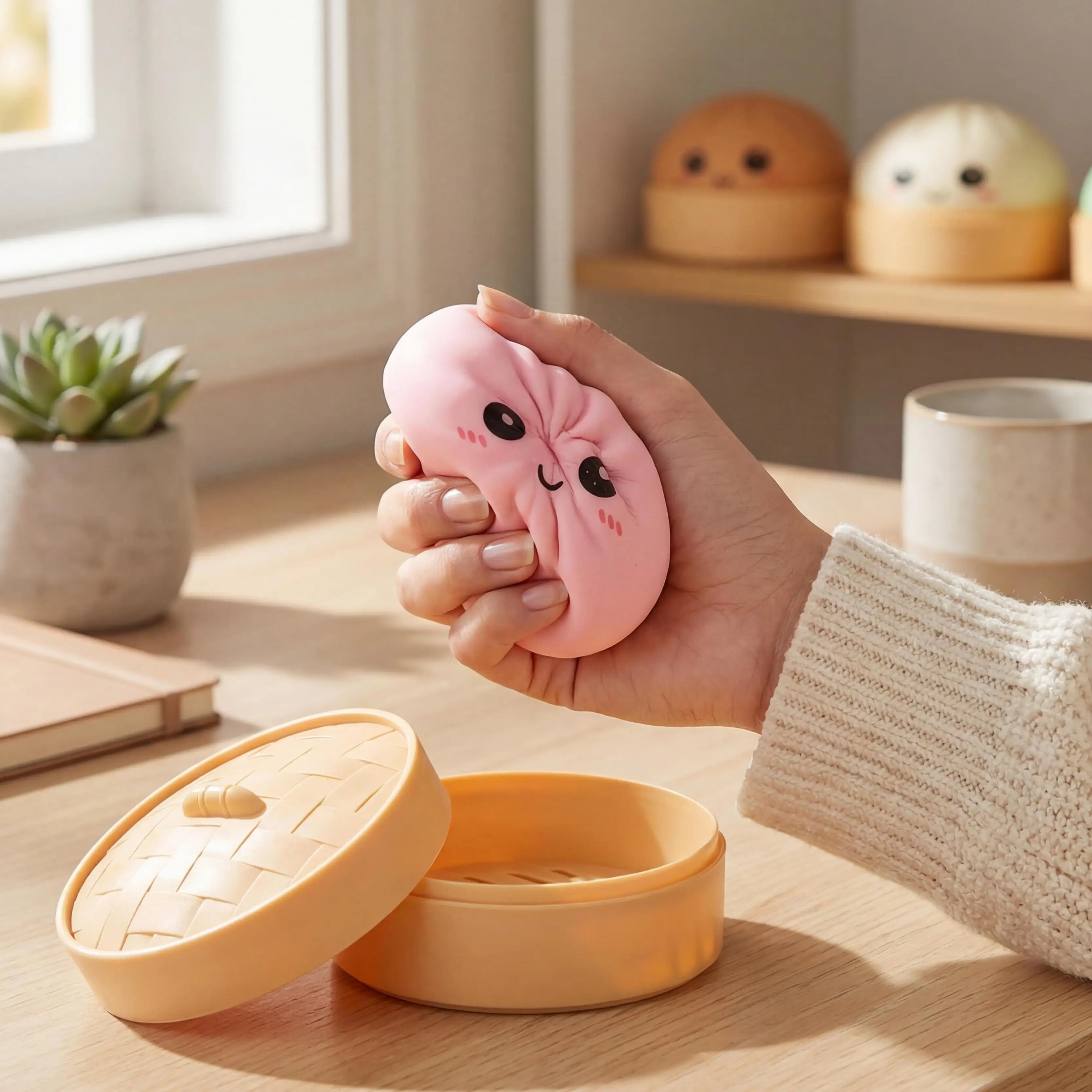 Kawaii Dumpling Stress Ball Toy With Steamer Smile Face Colorful Squeezable Dough Balls Girl Boy Adult Simulation Squeeze Toys