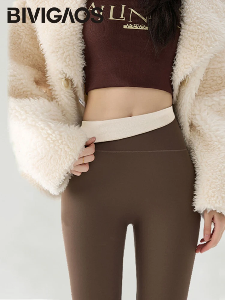 BIVIGAOS New Autumn Winter Cashmere Velvet Shark Leggings Women Red No-trace Thickened High Waist Butt Lifting Warm Leggings