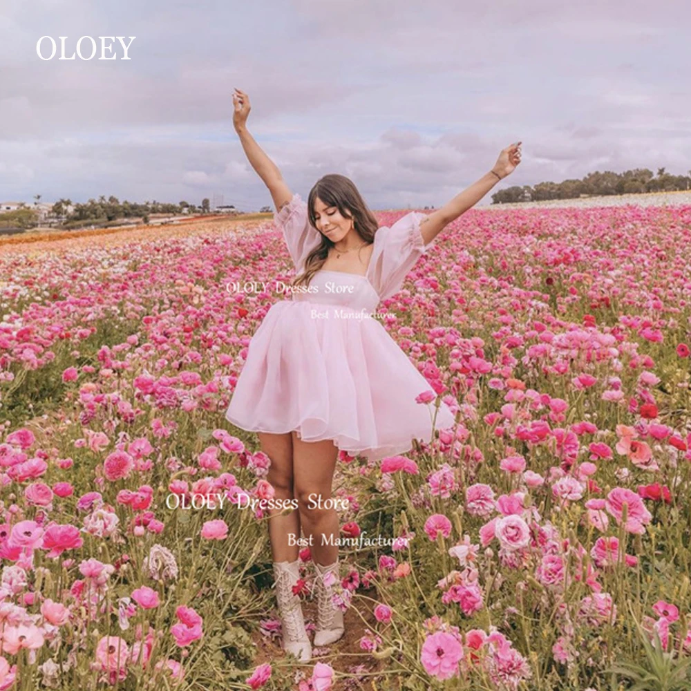 OLOEY-Robe de soirée courte en organza rose doux, manches bouffantes, col carré, mini robe de cocktail, été, filles, jardin, Rh, quoi que ce soit