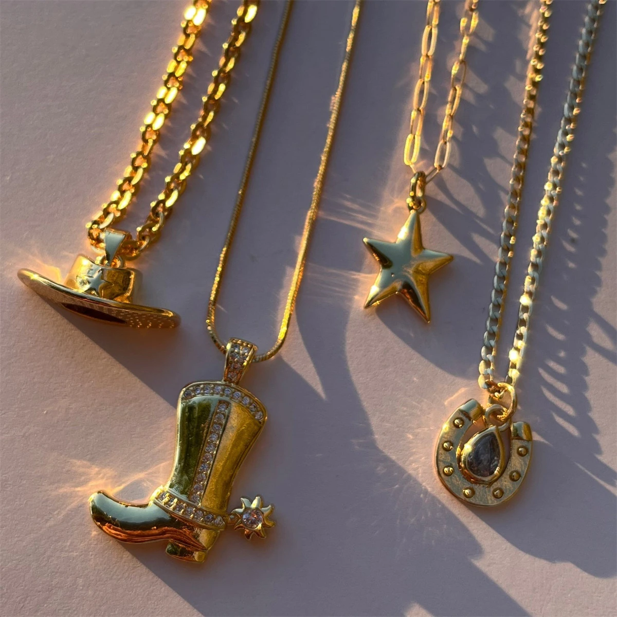 Stainless steel artistic retro cowboy boot cap horseshoe star necklace plated with real gold for color preservation