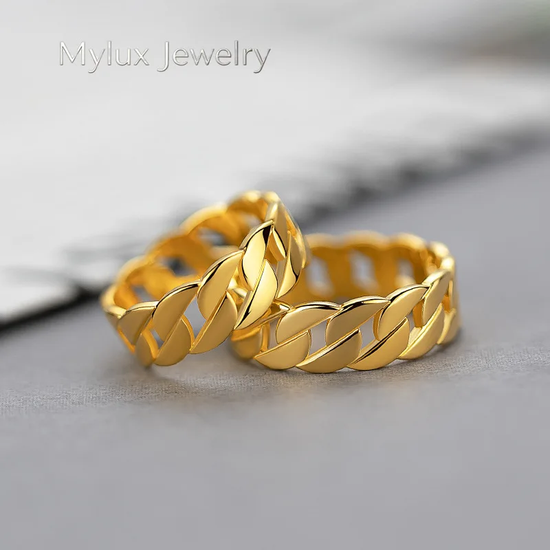 

Mylux Jewelry 24K real gold Cuban Chain Ring Fashion ins simple design Internet celebrity 9999 gold cold wind chain ring