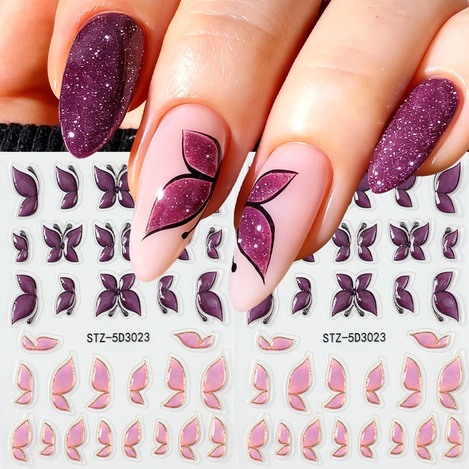 2 Stück Schmetterling Nagelkunst-Aufkleber Lila Rosa Schmetterling Sommer-Design 3D Slider Nagelkunst-Sticker Dekorationen Maniküre