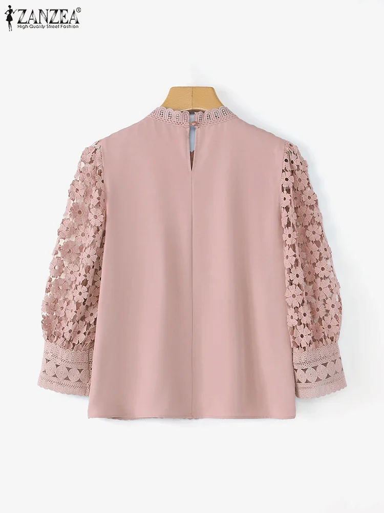 Femmes élégantes dentelle Blouse ZANZEA 3/4 manches bouffantes couleur unie tunique hauts 2025 automne col rond transparent décontracté bureau dame chemises