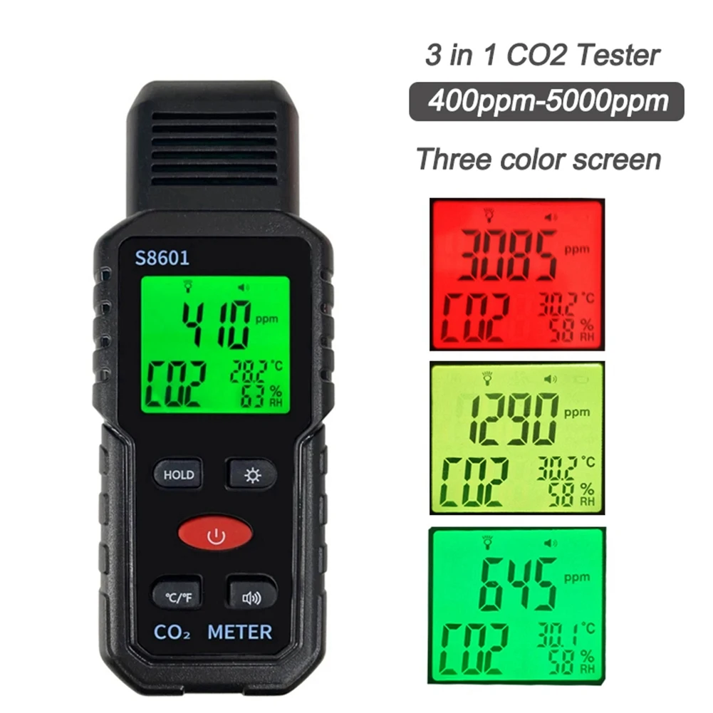 A97T3 in 1 CO2 Meter Air Quality Monitor Handheld 5000Ppm CO2 Monitor Measurement Carbon Dioxide ℃/℉ Detector S8601