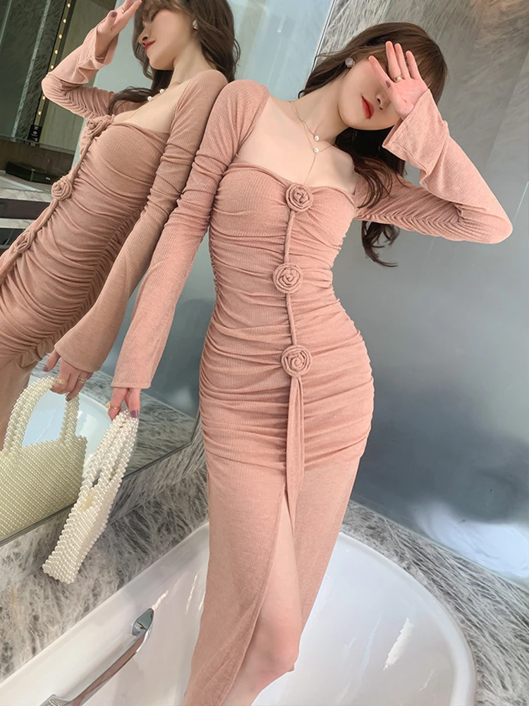 Spring Women Midi Dress Pink Romance Sexy Sweet Chic Long Sleeve Rose Folds Slit Bodycon Wrap Robe Party Date Girl Vestido Mujer