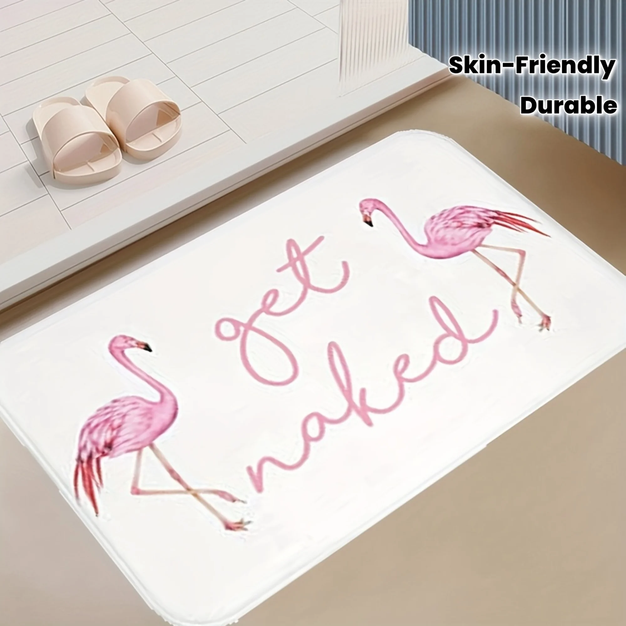 1pc 2D Flat Pink Flamingos Get Naked Funny Quote Flannel Bath Mat Non Slip Cute Animal Rug For Bathroom Shower Floor Decor