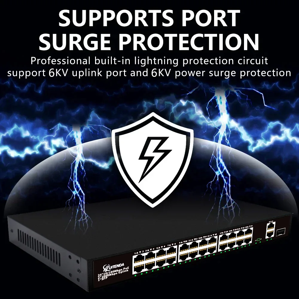 Huitenda 16/24*10/100Mbps AI POE Switch 2*1Gbps Uplink Port+SFP port Network Ethernet VLAN RJ45 Switch for IP camera/NVR