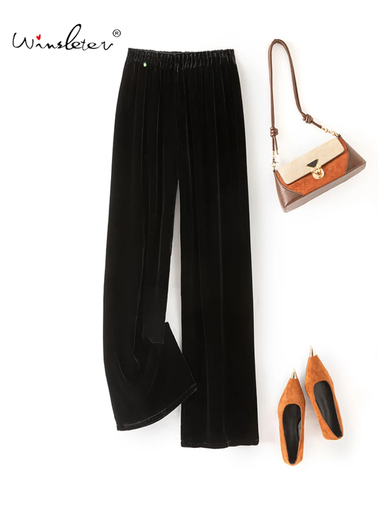 

Winsleter-Bottom 100%Real Silk Elegant Velvet Trousers, Elastic Waist Solid, Women Retro Straight Pants, 2025 Winter B5N013CC