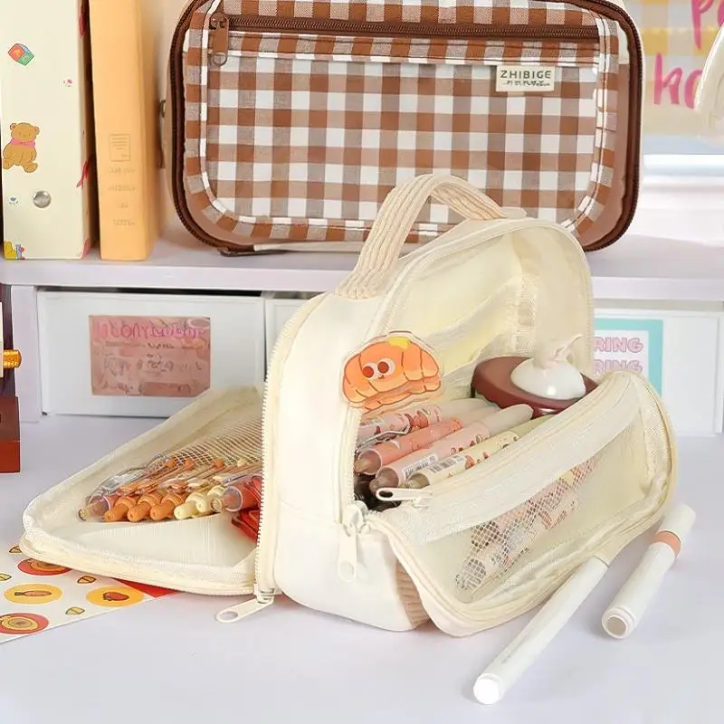 Pencil Case With Handle, Ins Mocha Plaid Large Capacity Pencil Pouch, 13-Layer Multi-Functional Pen Case With Transparent Window