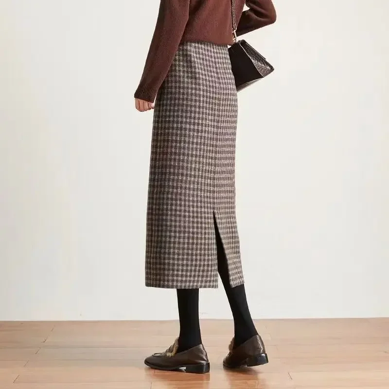 

Classic Plaid Midi Skirts Women Autumn Vintage Elegant Office Ladies Behind Slit Designed All-match Harajuku Fashion