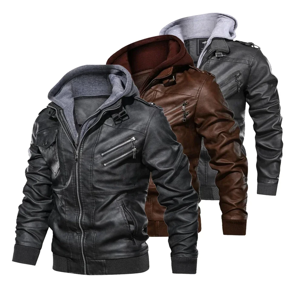 

Men Leather Jacket Warm Autumn Winter Windbreaker Overcoat PU Biker Jacket Coat With Hood Fashion Casual Jacket Male Clothes