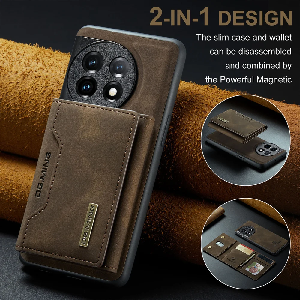 DG.MING 2 in 1 Detachable Trifold Card Bag Wallet Case for OnePlus 12 11 Nord 2 N200 9RT 10 Pro Magnetic Leather Case Phone Book