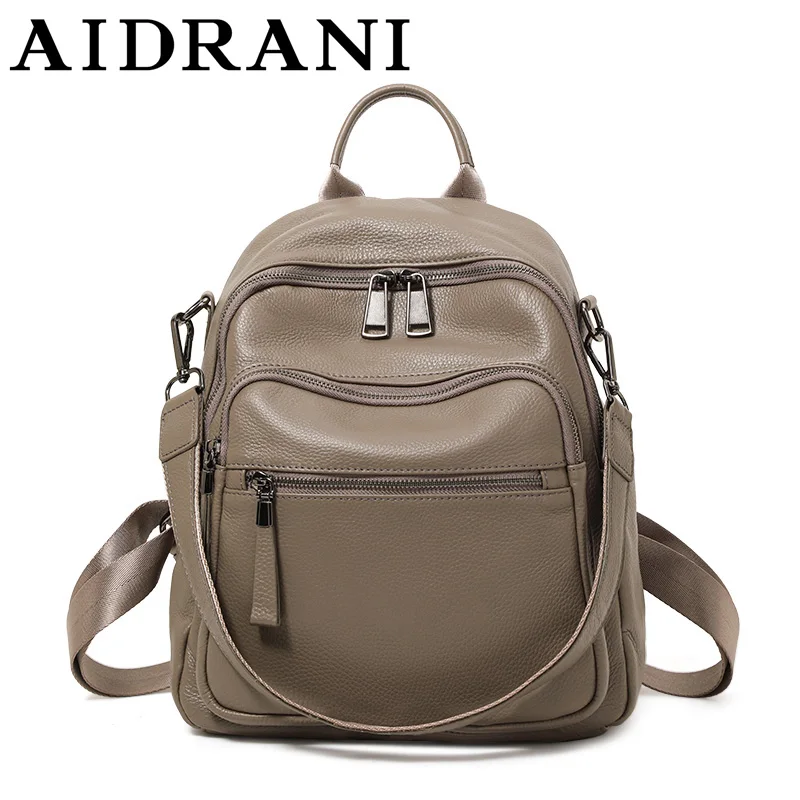 Aidrani Cowhide Women Backpack, Grey Soft Leather Convertible Shoulder Bag, Multi-Pocket with Hidden Pocket for Travel Daily Use
