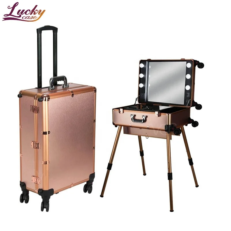 Professional Makeup station Cases 4 trays Bulb lighted big Mirror Trolley makeup box