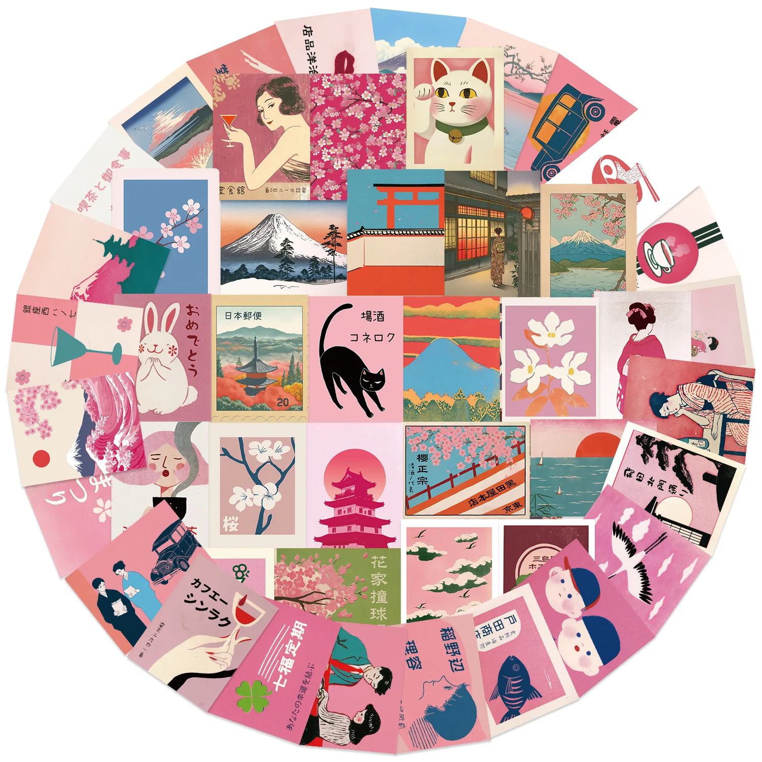 50 Stück Retro Rosa Japanische Ästhetische Kunst-Aufkleber Rote Sonne Kirschblüten Wellen Fuji-Berg Kreative Schöne Wasserfeste Dekoration