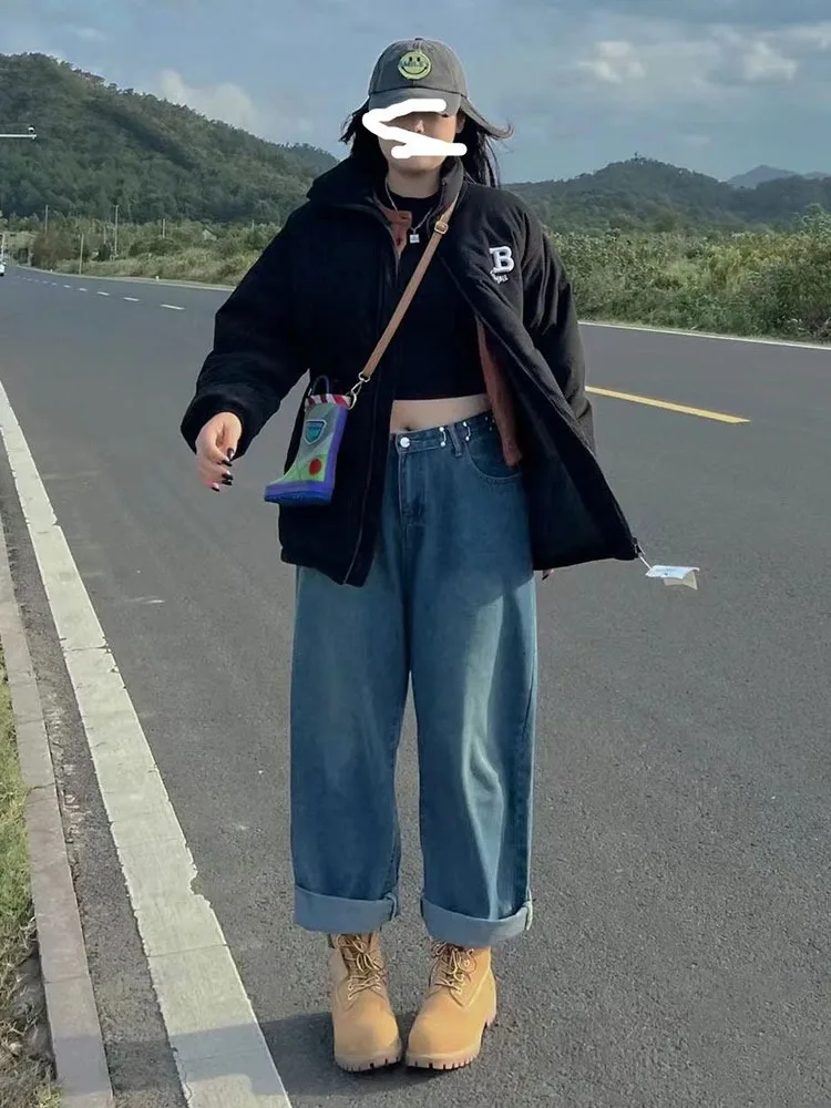 

plus Size Straight Leg Denim Jeans Women's Pear aped Fat MM Slimming Hip Covering Wide Leg Pants Casual Cotton Blend