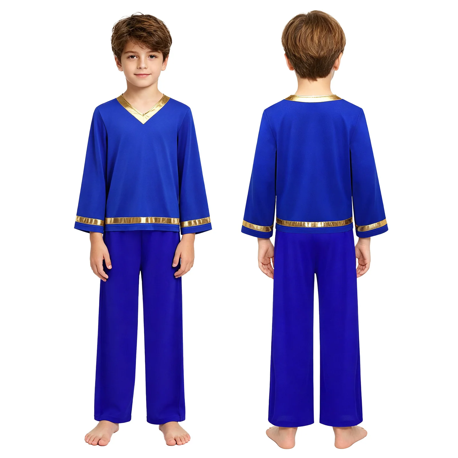 キッズボーイズ典礼用賛美ダンス衣装メタリックトリム長袖プルオーバートップとパンツ付き宗教式典聖体拝領用