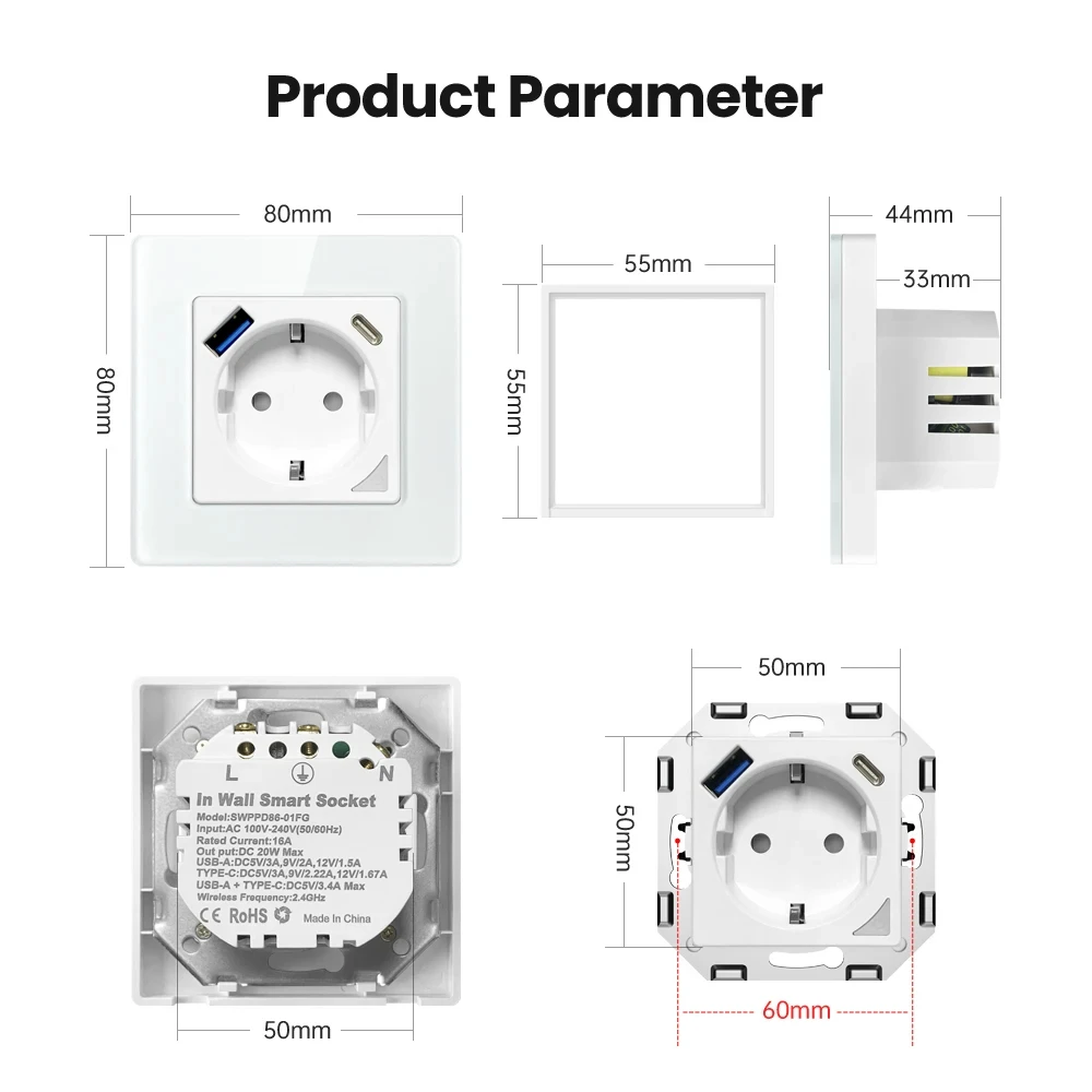 MIUCDA Tuya soket dinding pintar WiFi colokan listrik standar EU Outlet dengan pengisian daya USB/tipe-c dengan Alexa,Google Home,Alice