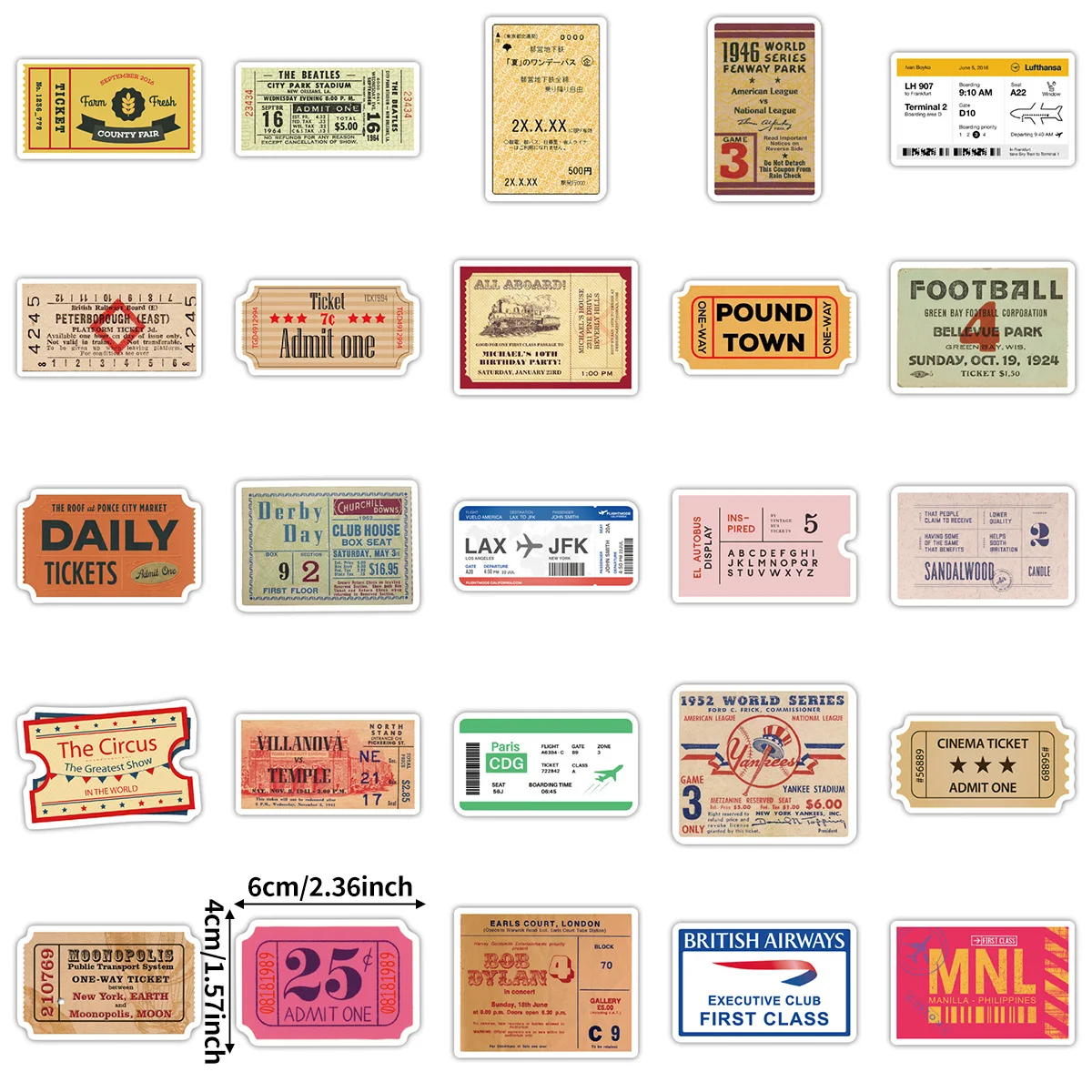 50 Vintage-Style Ticket Stickers, American Retro Style, Elements of Airline Tickets and Movie Ticket Stubs, DIY Journal Decoration Materials