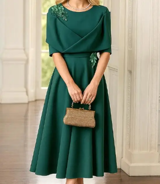 

Women's 2026 Fashion Style Elegant Solid Color Waist Short Sleeve Dress Fashion Commuter Retro Elegant Dress for Women